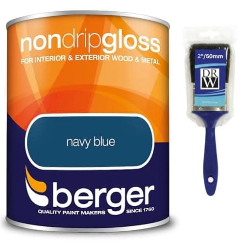 Image of Navy Blue Non Drip Gloss Paint 750ml +2" Brush | Interior and Exterior Wood and Metal Paint | High Shine Durable Gloss Finish | Non Drip Trim Paint for Doors Skirting Boards Gates and Railings