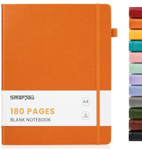 Image of Smarpau A4 Plain Notebook 180 Pages, Hardcover Blank Notebook Thick Leather Journal for Women Men, No Bleed for Writing, Notebook for Study Travel, Orange