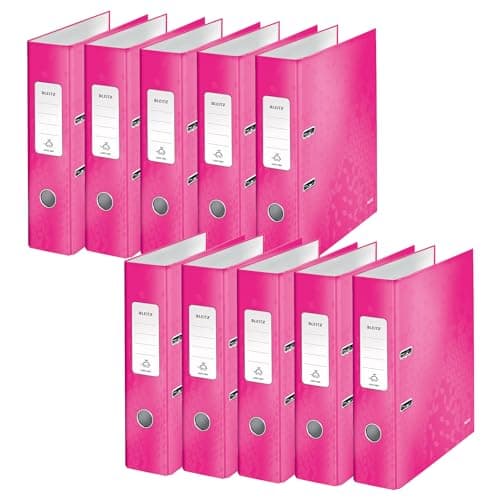 Image of Leitz A4 Lever Arch File, Pink, 80 mm spine width, WOW Range, Files & Folders, 10052023, Pack 10, Design may vary