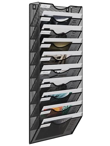 Image of EasyPAG Metal 10 Tier A4 Wall Mounted Document Holder,Hanging Wall File Organiser,Pigeon Holes Storage,Wall Pocket,Filing Tray,Magazine Rack for Office & Home,Black