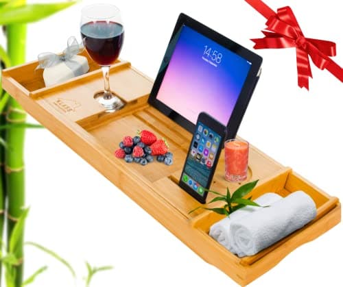 Image of Klass Home Bath Tray | Bath Caddy | Bath Board with Book Rest Device Holder (iPad/Tablet/iPhone/Smartphone) Candle & Wine Glass Holder Extendable Bamboo Bath Caddy Bathtub Tray Wooden Bath Tray