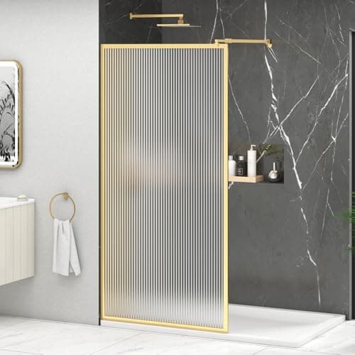 Image of Luxor 1000mm Walk in Wet Room Fluted Shower Screen for Enclosure with Brushed Brass Frame 8mm Easy Clean Toughened Safety Glass & Top Support Arm - 1950mm Tall