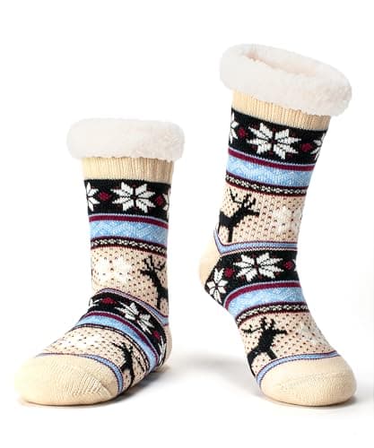Image of Cozylook Women's Fuzzy Slipper Socks with Non-Slip Grippers, Cozy Fluffy Sherpa Lined, Cute Christmas Gifts, Cream Reindeer, L/XL