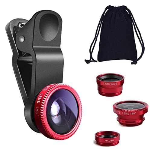 Image of KINGMAS 3 in 1 Universal Fish Eye Lens + Wide-Angle Lens + Macro Clip Camera Lens Kit for iPad iPhone Samsung Android and Most Smartphones red