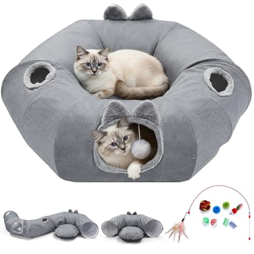 Image of Odoland Cat Tunnel with Bed, Foldable Large Pet Donut Tunnel Bed in Linen, Interactive Cat Play Tunnel Toys with Ball for Indoor Cats, Kittens, Rabbit, Puppies