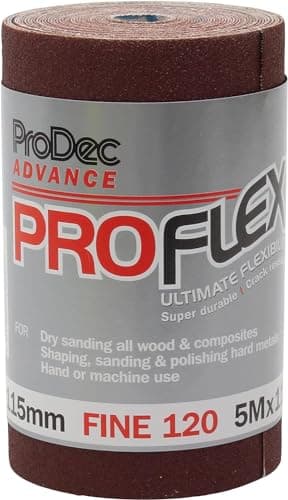 Image of ProDec Advance 5m Roll 120 Grit Fine Grade ProFlex Ultra Flexible Crack Resistant Aluminium Oxide Abrasive Sanding Paper for Sanding Wood, Paint, Plaster, Filler, Metal and More, 115mm Wide