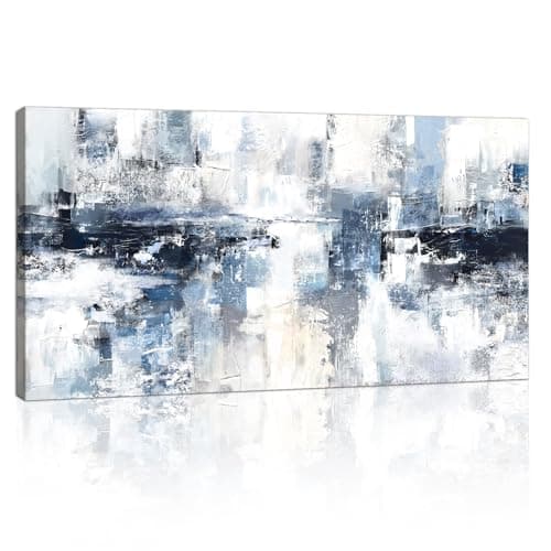 Image of Large Abstract Neutral Blue White Canvas Wall Art, Framed Nordic Minimalist Blue Gray Paintings Canvas Prints Wall Pictures Artwork for Living Room Bedroom Office Home Decor Ready To Hang 50x100cm
