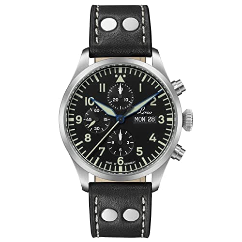 Image of Laco Kiel.2 Chronograph High Quality Automatic Watch Diameter 43 mm Waterproof Made in Germany, Black Leather Strap, strap