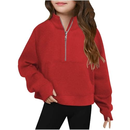 Image of duxyoz Red Sweatshirt Xmas Jumper Oversized Kids Sweatshirts Casual Quarter Zip Pullover Mock Neck Lightweight Trendy Hoodies 11-12 Years
