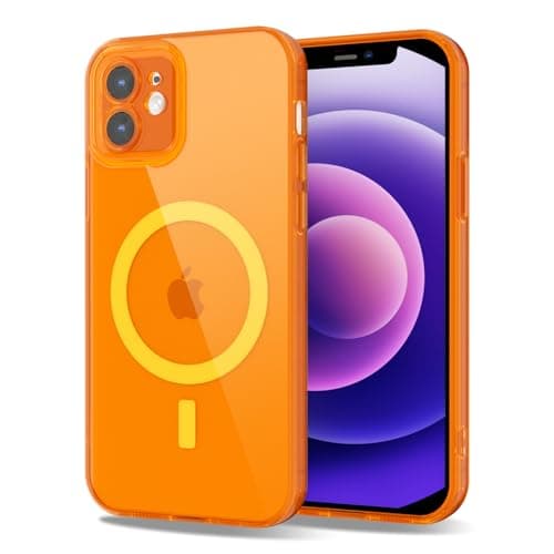 Image of Svanove for iPhone 12 Mini Case Clear Compatible with Magsafe, Fluorescent Transparent Magnetic Magnet Mag Case, Slim Thin Bright Silicone Grip & Shockproof Bumper Camera Cover, Neon Orange