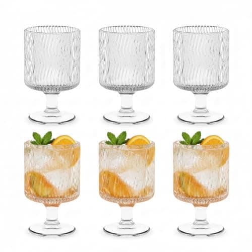 Image of DEAYOU Set of 6 Ribbed Vintage Wine Glasses, 8 oz Clear Fluted Water Goblet Glasses, Unique Short Stem Cocktail Glasses for Iced Tea, Juice, Whiskey, Beer, Dessert, Party