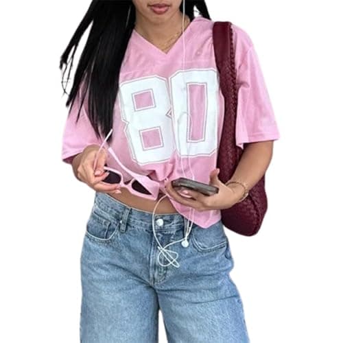 Image of RUIWANBBY Women Y2k Oversized Jersey Summer Top Number Graphic Tee T-Shirt V Neck Short Sleeve Sport Casual Shirts Streetwear (Pink, L)