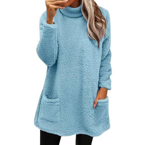 Image of sweatshirts for women uk loose fit long sleeve crew neck, Womens Sweatshirt Casual Fuzzy Fluffy Hoodie Solid Color Warm StylishPullover with Pockets Fleece Sweatshirts for UK