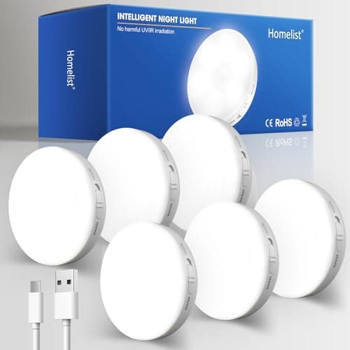 Image of Homelist Motion Sensor Lights Indoor,6 Pack Wireless LED Rechargeable Magnetic Stick on Wall Night Light,Battery Operated USB Charging,Stair, Corridors, Closet, Kitchen Light Under Cabinets Puck Light