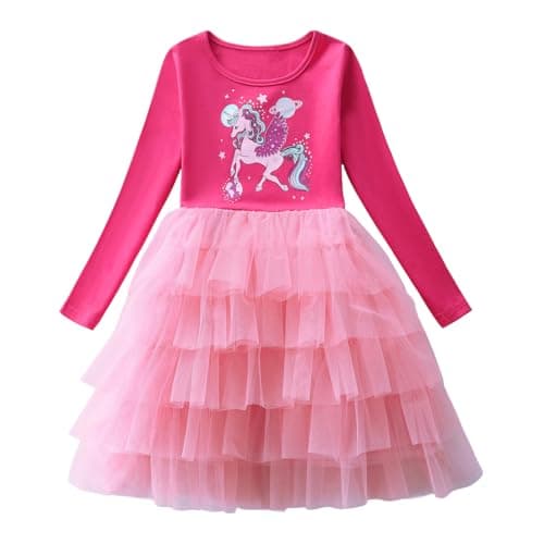 Image of Baogaier Girls Dress Long Sleeve T-Shirt Soft Tutu Tulle Dresses Cotton Casual T-Shirt Animal Print Round Neck Birthday Party Wedding Princess Dress Gifts Kids Clothes 4-5 Years, Pink