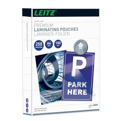 Image of Leitz 74840000 Laminating Pouches Made of 250 Micron Thick Material (Transparent, Glossy, A4 and UDT) - Pack of 100
