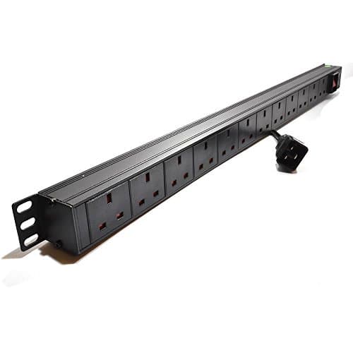 Image of Dynamode 12 Way Vertical UK 13A Switched PDU – IEC C20 Input – High-Density Server Rack Power Distribution Unit – Aluminium Housing, 4000W, 1.8m Cable