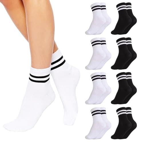 Image of LXEASYGO 8 Pairs Ladies Sports Socks Breathable Leisure Striped Mid-Calf Women Cotton Crew Ankle Sock for Women Girls Size 4-7 Multipack (UK, Numeric, 4, 7, Regular, Regular, 4-Black 4-White)