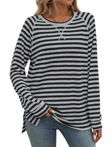 Image of Flikity Womens Long Sleeve T Shirts, Casual Crew Neck Tops Women's Fashion Striped Sweatshirts Ladies Going Out Tops Tunics for Leggings Spring Autumn Winter Clothes