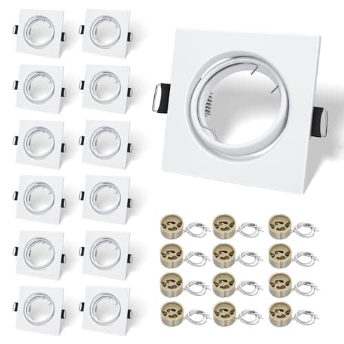 Image of LteelDay 12-Pack Matte White Dual GU10 Recessed Ceiling Light Frames – 30° Adjustable Square Mounting Kit, 87x87mm, Cut-Out 68-80mm, for Twin Spotlights, Includes 12 VDE Sockets