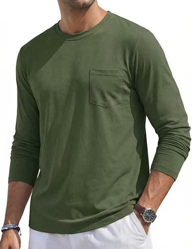 Image of TACVASEN Mens Long Sleeve T Shirt Cotton Casual Regular Fit Tops Autumn Lightweight Soft Work Sports Tee ArmyGreen,L