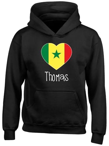 Image of Shopagift Personalised Love Senegal Football Fan Supporter Kids Hoodie Black Hoody Hooded Top Boys Girls