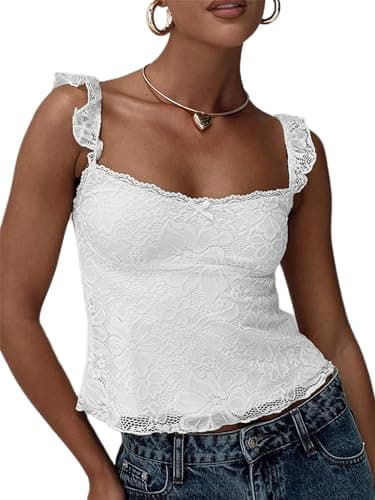 Image of SANSIWU Women's Lace Floral Surface Fly Sleeve Cami Tops Sexy Sleeveless Open Back Tank Vest Summer Y2k Slim Fit Low Cut Camisole (A-White, M)