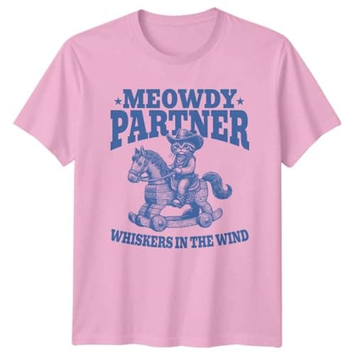 Image of Sassy Souls Meowdy Partner Whiskers in The Wind T-Shirt Cat Lover Cowboy Western Rocking Horse Humor Birthday Gift for Him and Her M Light Pink