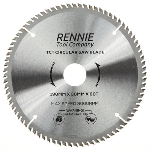 Image of 190mm x 80T TCT Saw Blade. 190mm Circular Saw Blade For Fine Cuts x 30mm Bore + 25mm/20mm/16mm Bore Reduction Rings Compatible With Bosch Makita Milwaukee Ryobi Dewalt Circular Saws etc