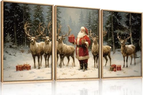 Image of TOARTi Happy Christmas Framed Canvas Wall Art Christmas Night Snowy Landscape Wall Decor Santa Claus and Reindeer Holiday Winter Wall Painting Xmas Art Prints for Living Room Bedroom 12x16inchx3