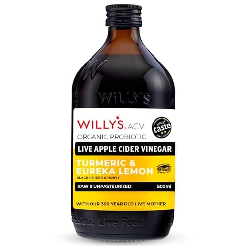 Image of WILLY'S Organic Live Apple Cider Vinegar with Mother - Probiotics For Gut Health - Fresh Turmeric, Lemon, Honey & Black Pepper - 500ml Refillable Glass Bottle - Sustainable ACV