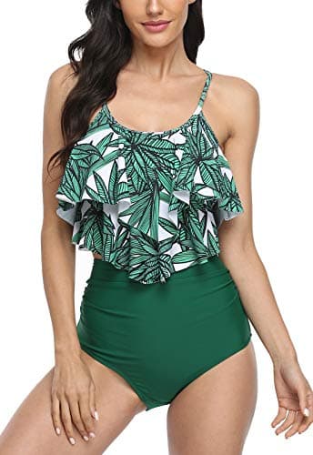 Image of Sixyotie Swimsuit for Women Two Piece Bathing Suits Ruffled Top with High Waisted Bottom Bikini Sets Swimwear (Agreenbamboo, S)