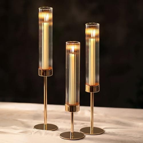 Image of NUPTIO Tall Candlestick Holders for Centerpiece: 3 Pcs Hurricane Candles Holder with Ribbed Glass Sleeve - Gold Metal Candle Stick Holders for Table Fireplace Living Room Decor