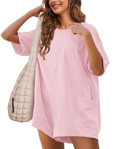 Image of TAQCUX Rompers for Women Athletic Workout Hot Shot Tee Romper Casual Oversized Jumpsuits Overalls, Pink, M