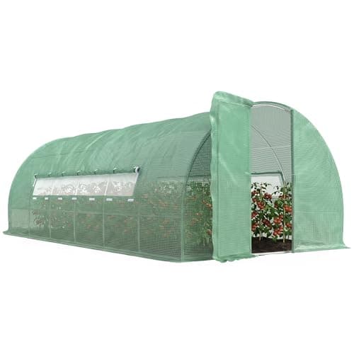 Image of Outsunny Large Polytunnel Walk In Greenhouse, Plant Gardening Tunnel Green House with Metal Hinged Door, Galvanised Steel Frame & Mesh Windows, Green (3 x 6 m)