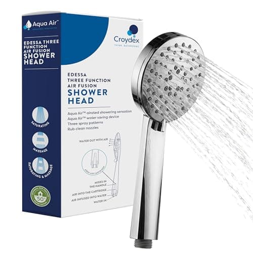 Image of Croydex Edessa Aqua Air Water Saving 3 Function Shower Head - Chrome Shower Heads with Universal ½” B.S.P. Connection, Rub Clean Nozzles, Efficient Shower Spray Handset
