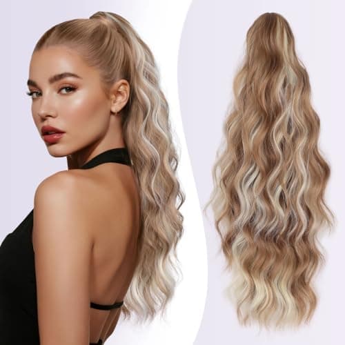 Image of JIAMEISI Ponytail Extension 18 Inch Claw Clip Ponytail Hair Extensions Long Curly Wavy Highlight Clip in Pony Tails Extension Synthetic Fluffy Hairpiece for Women (Honey Gold Mixed Light Blonde)