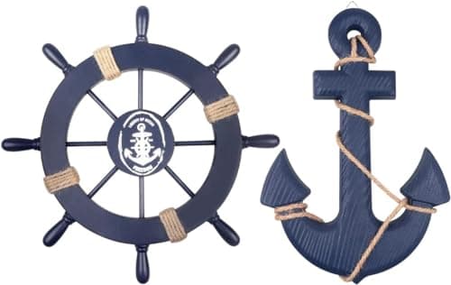 Image of Fangoo 2 Pack 28 CM Wooden Ship Wheel and 33 CM Wood Anchor with Rope Nautical Boat Steering Rudder Wall Decor Door Hanging Ornament