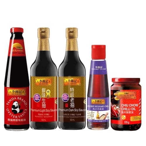 Image of Lee Kum Kee Essential Chinese Cooking Kit - Soy Sauce, Sesame Oil, Oyster Oil & Chilli Sauce (Set of 5)