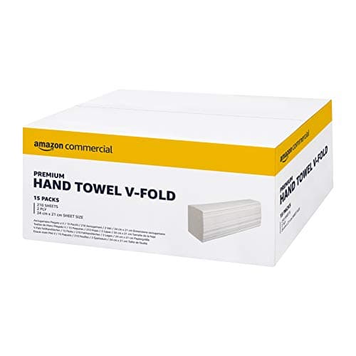 Image of AmazonCommercial Singlefold (V-Fold / ZZ-Fold) Paper Hand Towels, 2-ply Cellulose, 3150 Sheets (15 packs of 210), Sheet Size: 21 x 24 cm, H3 Dispenser Compatible