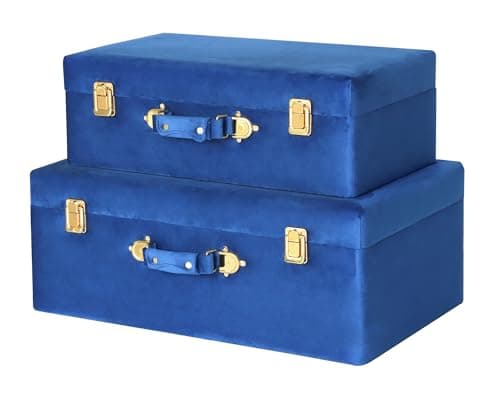 Image of HofferRuffer Velvet Storage Trunks with Wood Frame, Set of 2 Storage Chests with Handles, Bedroom Organizer Nesting Upholstered Decorative Boxes Hinged Lid with Gold Hardware Accents (Blue Trunks)