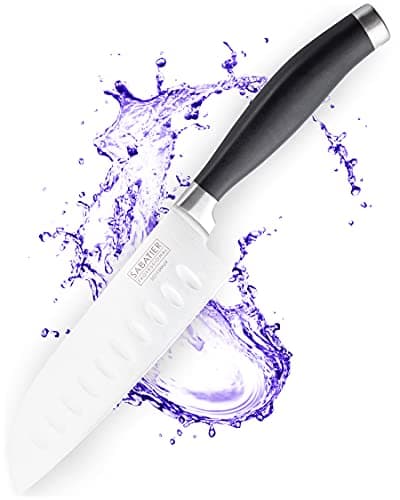 Image of Sabatier Professional Oriental Santoku Kitchen Knife - 7in/17.5cm Taper Ground Stainless Steel Blade, Matt Black Rubberised Comfort Handle. Sharp for Longer, Lifetime Performance 25yr Guarantee