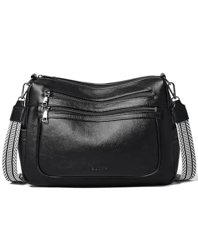Image of Bluome CrossBody Bag Purses for Women, Vegan Leather ladies Handbags Multi Pocket Soft Shoulder Hobo Bag with Guitar Strap,Black