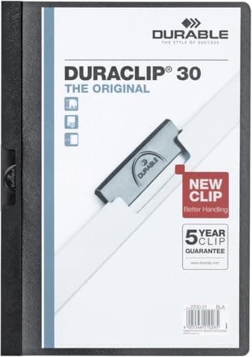 Image of Durable DURACLIP 30 A4 Clip Folder - Holds Up to 30 Sheets of A4 Paper - Strong Metal Sprung Clip - Pack of 25 Black Colour Folders for Organising Documents