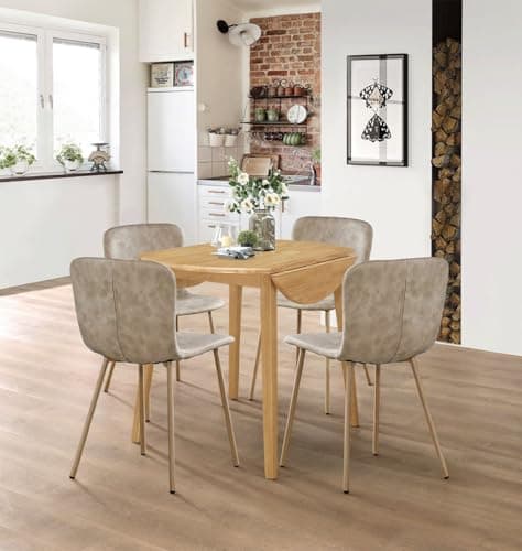 Image of Hallowood Furniture Ledbury Round Oak Dining Table and Chairs Set 4, Small Drop Leaf Table and Chairs in Taupe Faux Leather Upholstery, Folding Leaf Design for Modern Dining Spaces