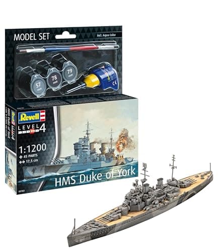 Image of Revell Model Set 65182 Battleship HMS Duke of York 1:1200 Scale Unbuilt/Unpainted Plastic Model Kit with Contacta Professional Glue, Paintbrush & Selected Aqua Color Paints