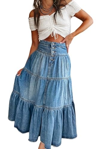 Image of Acrawnni Women's Denim Midi Skirt Wash Tiered Ruffled Hem High Waist A-Line Jeans Maxi Skirt Ladies Long Flare Jeans Dress (A-Blue, XL)