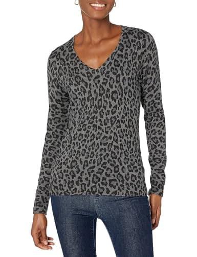 Image of Amazon Essentials Women's Regular-Fit Lightweight V-Neck Long-Sleeve Jumper (Available in Plus Size), Grey Heather Leopard Print, M