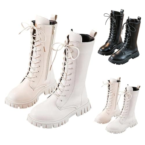 Image of Girl's Knee-High Riding Boots Faux Leather Lace up Boots Side Punk Goth Boot Round Toe Lug Sole Chunky Soft Warm Casual Heels Shoes Waterproof for Girls UK Autumn Winter Essentials Girls Shoes White