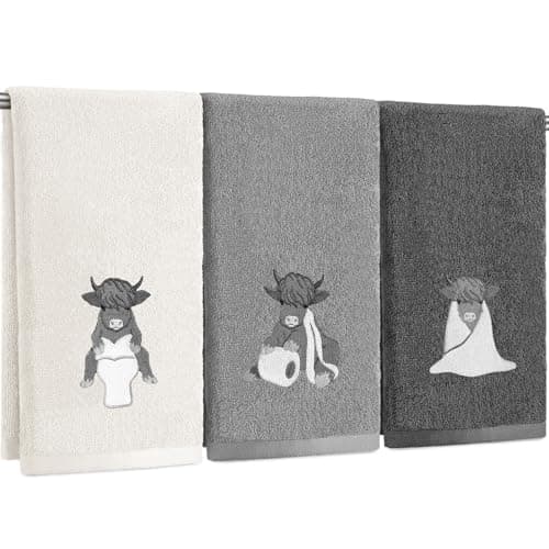 Image of Hillsuren 3 Pcs Highland Cow Hand Towels Highland Cow Bathroom Decor Embroidered Cow Farmhouse 100% Cotton Bathroom Towels for Bathroom Kitchen 13.3 x 29.5''